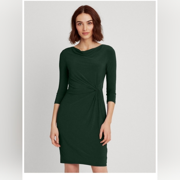 Lauren Ralph Lauren Women's Green Ruched Cowl-Neck Sheath Dress Size 14 - Picture 4 of 5